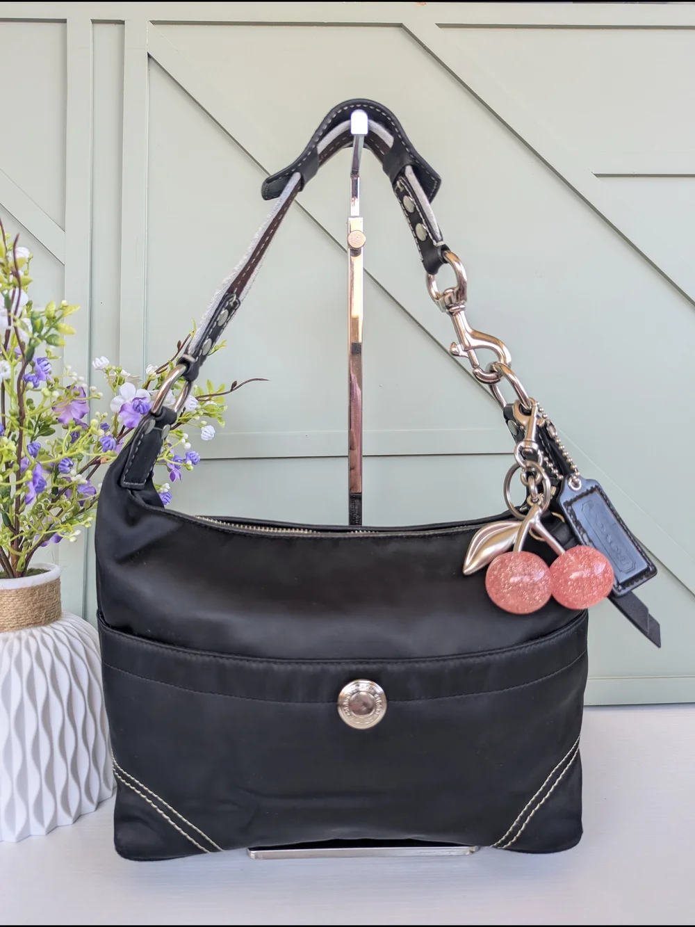 Coach Black Shoulder Bag with Cherry Charm Accent